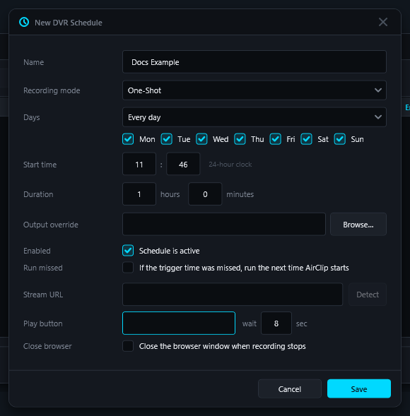 AirClip New DVR Schedule dialog with Stream URL Detect button