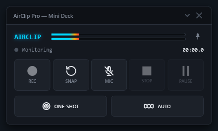 AirClip Mini Deck monitoring audio with active VU meters
