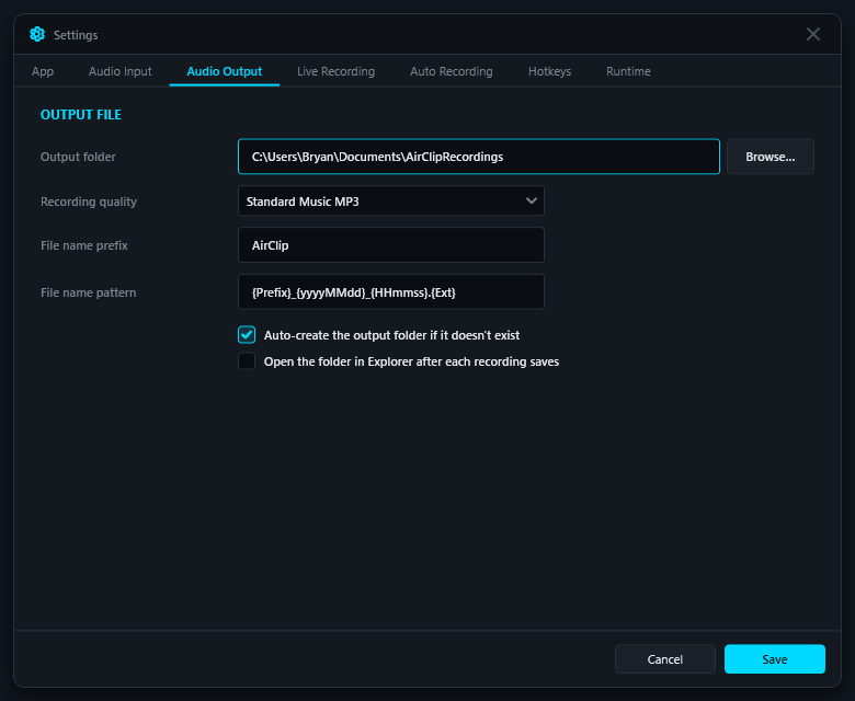 AirClip Audio Output settings