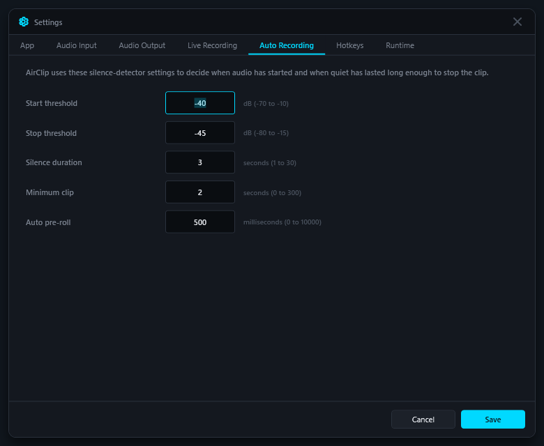AirClip Auto Recording settings