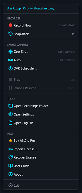 AirClip tray menu while monitoring